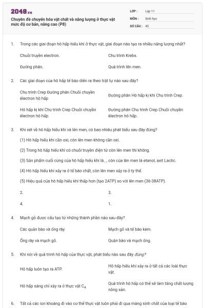 Chuyên đề chuyển hóa vật chất và năng lượng ở thực vật mức độ cơ bản, nâng cao (P8)