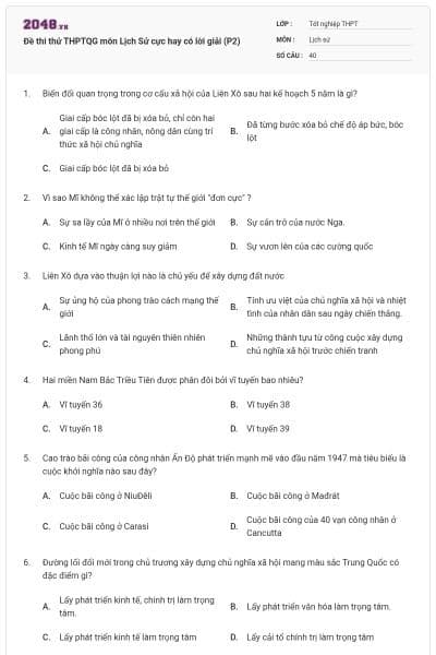 Đề thi thử THPTQG môn Lịch Sử cực hay có lời giải (P2)