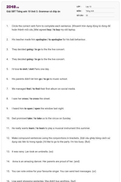 Giải SBT Tiếng anh 10 Unit 3. Grammar có đáp án