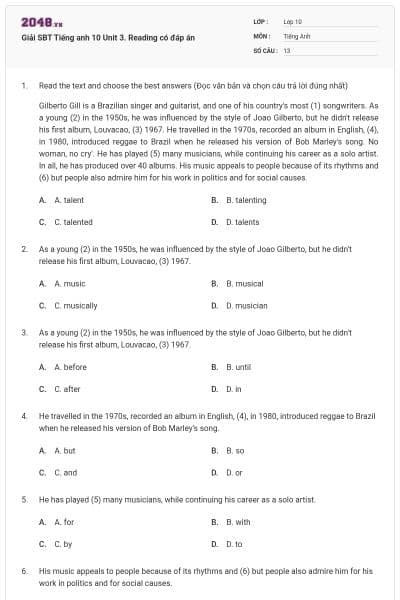 Giải SBT Tiếng anh 10 Unit 3. Reading có đáp án
