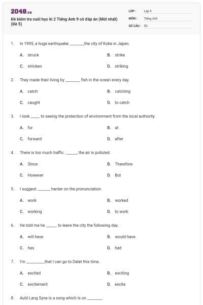 Đề kiểm tra cuối học kì 2 Tiếng Anh 9 có đáp án (Mới nhất) (Đề 5)