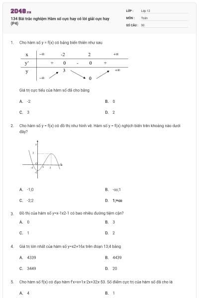 134 Bài trắc nghiệm Hàm số cực hay có lời giải cực hay (P4)