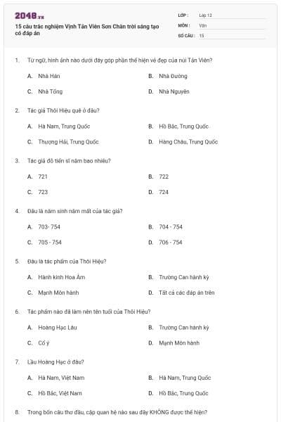 15 câu trắc nghiệm Vịnh Tản Viên Sơn Chân trời sáng tạo có đáp án