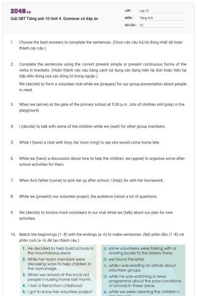 Giải SBT Tiếng anh 10 Unit 4. Grammar có đáp án