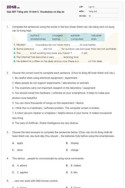 Giải SBT Tiếng anh 10 Unit 5. Vocabulary có đáp án