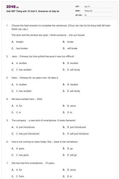 Giải SBT Tiếng anh 10 Unit 5. Grammar có đáp án