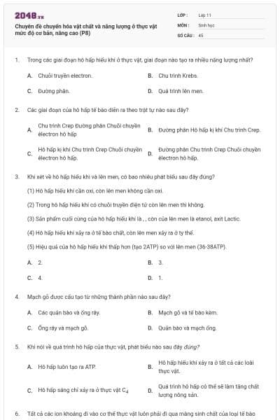 Chuyên đề chuyển hóa vật chất và năng lượng ở thực vật mức độ cơ bản, nâng cao (P8)