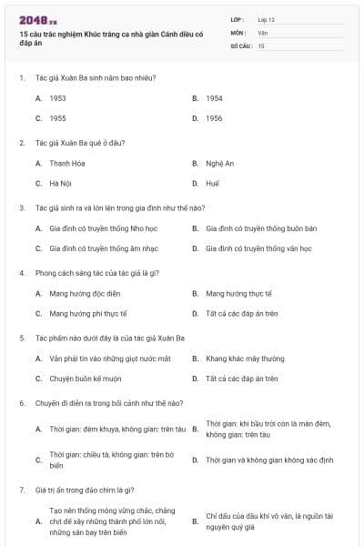 15 câu trắc nghiệm Khúc tráng ca nhà giàn Cánh diều có đáp án