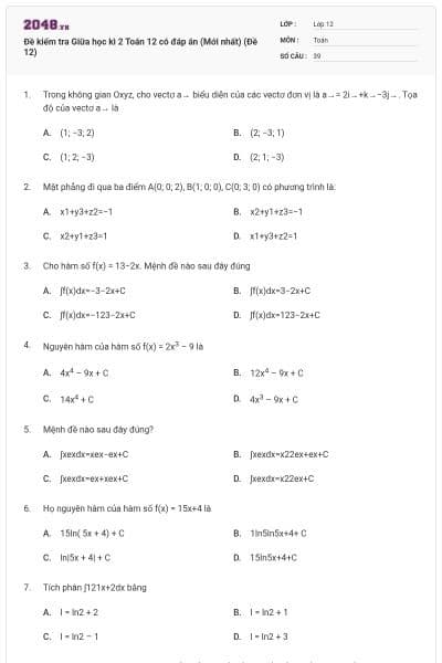 Đề kiểm tra Giữa học kì 2 Toán 12 có đáp án (Mới nhất) (Đề 12)