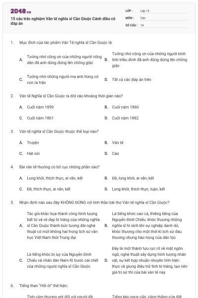 15 câu trắc nghiệm Văn tế nghĩa sĩ Cần Giuộc Cánh diều có đáp án