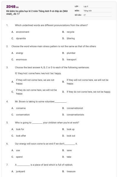 Đề kiểm tra giữa học kì 2 môn Tiếng Anh 9 có đáp án (Mới nhất)_ đề 17
