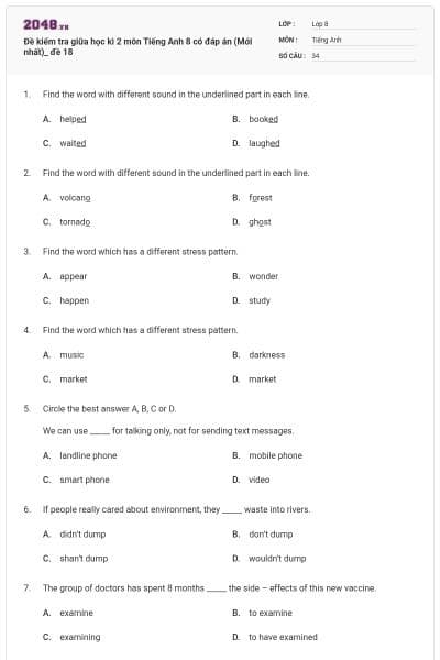 Đề kiểm tra giữa học kì 2 môn Tiếng Anh 8 có đáp án (Mới nhất)_ đề 18