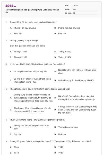 15 câu trắc nghiệm Tác giả Quang Dũng Cánh diều có đáp án