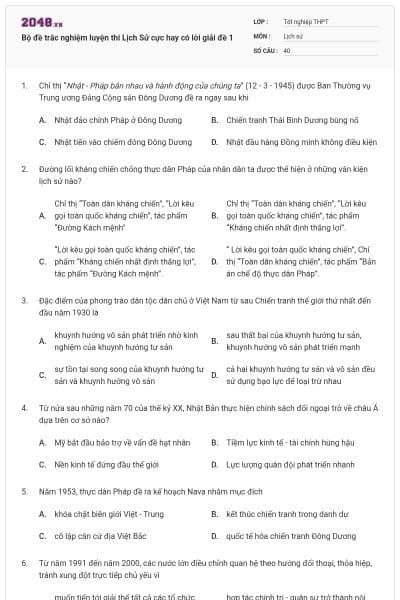 Bộ đề trắc nghiệm luyện thi Lịch Sử cực hay có lời giải đề 1