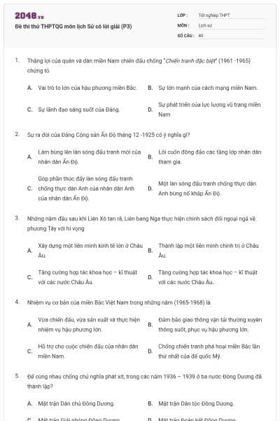 Đề thi thử THPTQG môn lịch Sử có lời giải (P3)