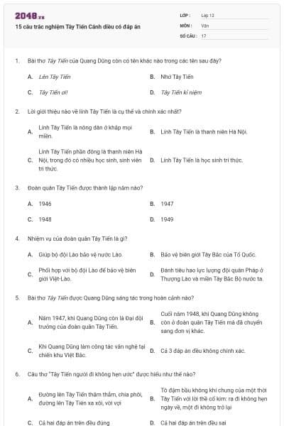 15 câu trắc nghiệm Tây Tiến Cánh diều có đáp án