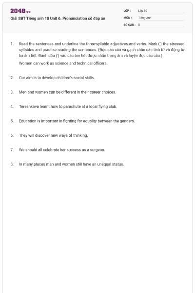 Giải SBT Tiếng anh 10 Unit 6. Pronunciation có đáp án