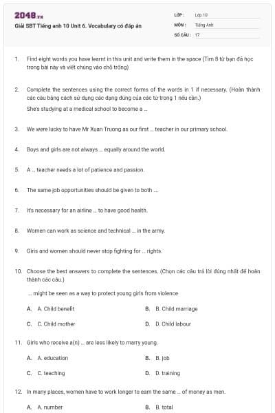 Giải SBT Tiếng anh 10 Unit 6. Vocabulary có đáp án