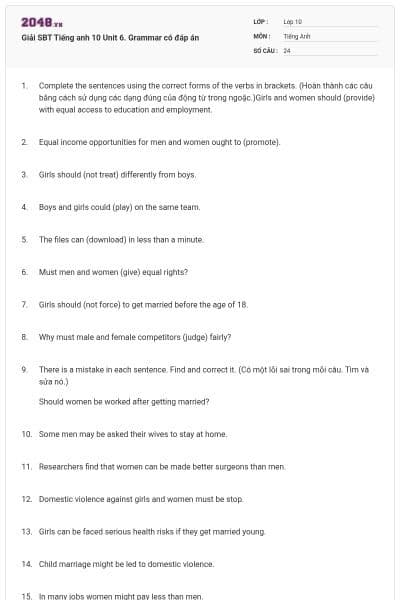 Giải SBT Tiếng anh 10 Unit 6. Grammar có đáp án