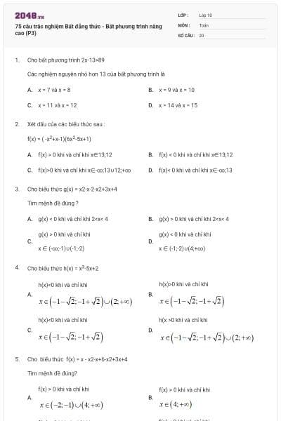 75 câu trắc nghiệm Bất đẳng thức - Bất phương trình nâng cao (P3)