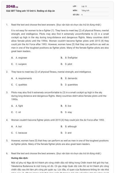 Giải SBT Tiếng anh 10 Unit 6. Reding có đáp án