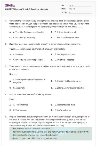 Giải SBT Tiếng anh 10 Unit 6. Speaking có đáp án