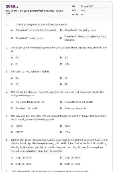 Giải Đề thi THPT Quốc gia môn Vật lí năm 2022 - Mã đề 208