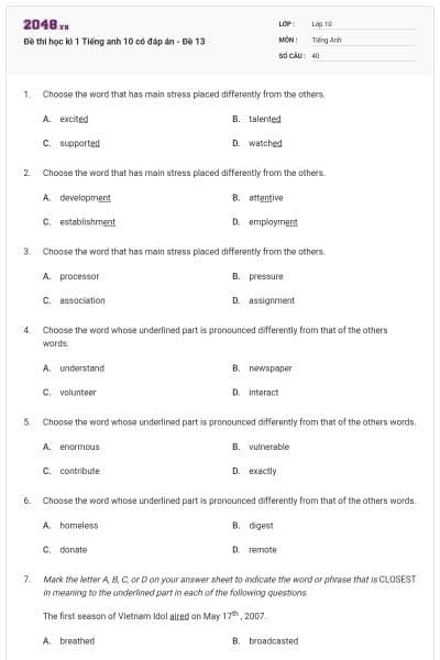 Đề thi học kì 1 Tiếng anh 10 có đáp án - Đề 13