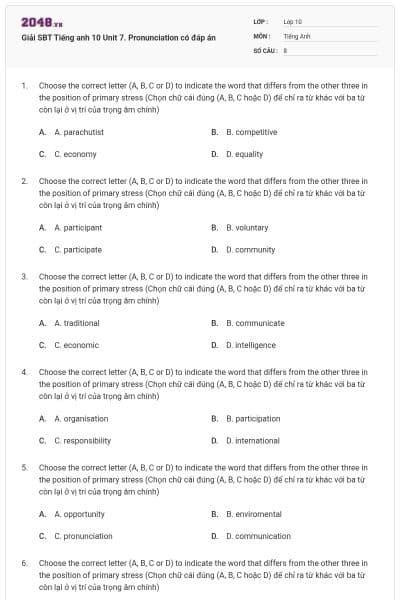 Giải SBT Tiếng anh 10 Unit 7. Pronunciation có đáp án