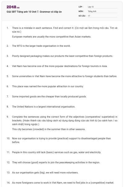 Giải SBT Tiếng anh 10 Unit 7. Grammar có đáp án