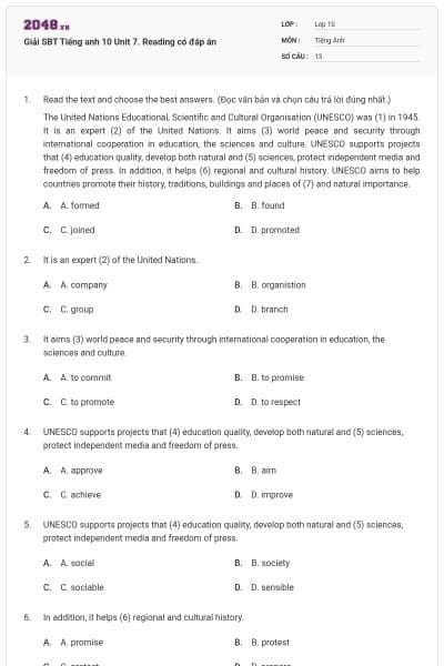 Giải SBT Tiếng anh 10 Unit 7. Reading có đáp án