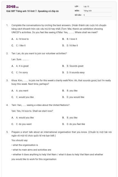 Giải SBT Tiếng anh 10 Unit 7. Speaking có đáp án