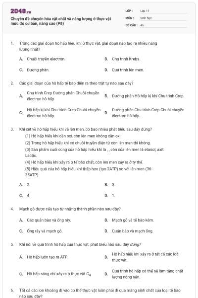 Chuyên đề chuyển hóa vật chất và năng lượng ở thực vật mức độ cơ bản, nâng cao (P8)