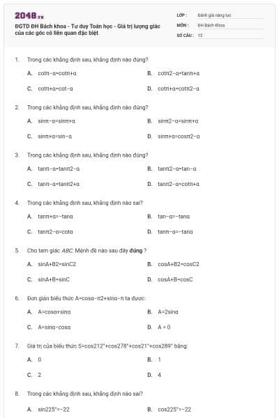 ĐGTD ĐH Bách khoa - Tư duy Toán học - Giá trị lượng giác của các góc có liên quan đặc biệt