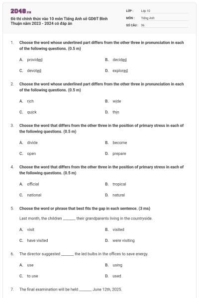 Đề thi chính thức vào 10 môn Tiếng Anh sở GDĐT Bình Thuận năm 2023 - 2024 có đáp án