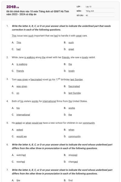 Đề thi chính thức vào 10 môn Tiếng Anh sở GDĐT Hà Tĩnh năm 2023 - 2024 có đáp án