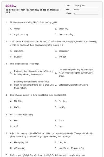 Đề thi thử THPT môn Hóa năm 2022 có đáp án (Mới nhất) - Đề 4