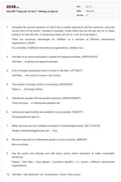 Giải SBT Tiếng anh 10 Unit 7. Writing có đáp án