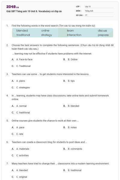Giải SBT Tiếng anh 10 Unit 8. Vocabulary có đáp án