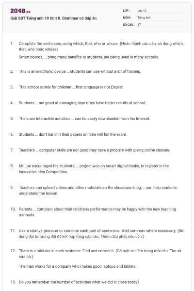 Giải SBT Tiếng anh 10 Unit 8. Grammar có đáp án