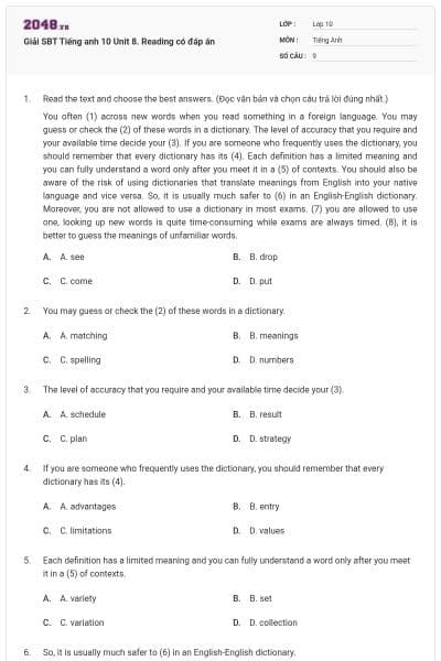 Giải SBT Tiếng anh 10 Unit 8. Reading có đáp án