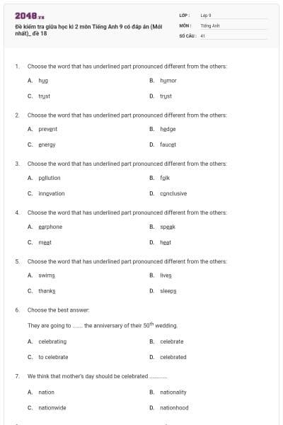 Đề kiểm tra giữa học kì 2 môn Tiếng Anh 9 có đáp án (Mới nhất)_ đề 18