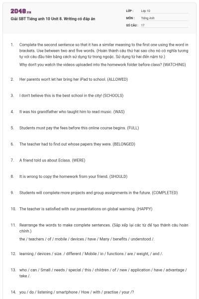 Giải SBT Tiếng anh 10 Unit 8. Writing có đáp án