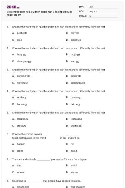 Đề kiểm tra giữa học kì 2 môn Tiếng Anh 9 có đáp án (Mới nhất)_ đề 19