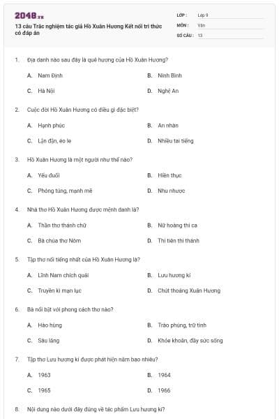 13 câu Trắc nghiệm tác giả Hồ Xuân Hương Kết nối tri thức có đáp án