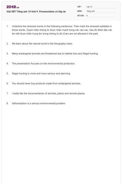 Giải SBT Tiếng anh 10 Unit 9. Pronunciation có đáp án