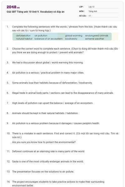 Giải SBT Tiếng anh 10 Unit 9. Vocabulary có đáp án