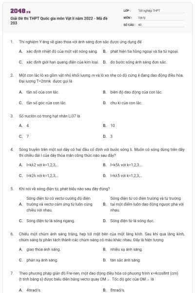 Giải Đề thi THPT Quốc gia môn Vật lí năm 2022 - Mã đề 203