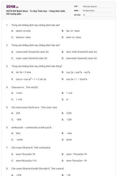 ĐGTD ĐH Bách khoa - Tư duy Toán học - Công thức biến đổi lượng giác