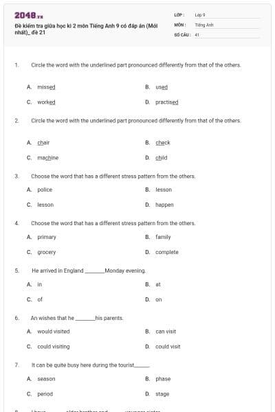 Đề kiểm tra giữa học kì 2 môn Tiếng Anh 9 có đáp án (Mới nhất)_ đề 21